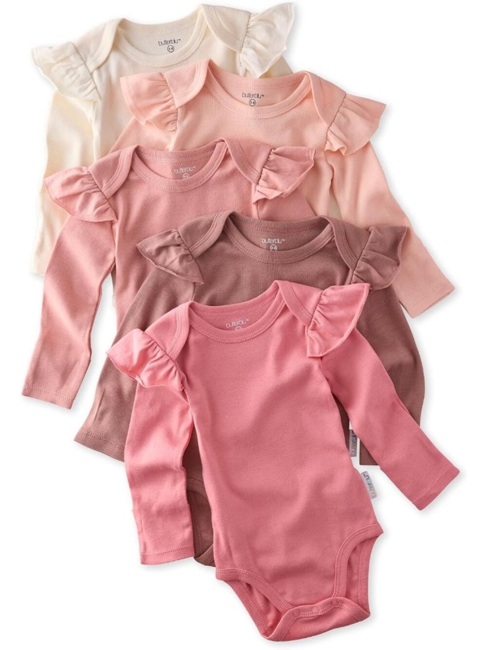 5-Pack Long Sleeve Ruffle Shoulder Bodysuits - Soft 100% Cotton, Baby Essentials
